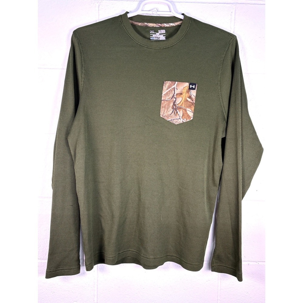 Under Armour Mens XL ColdGear Waffle Knit Thermal Camo Pocket Shirt Olive Green